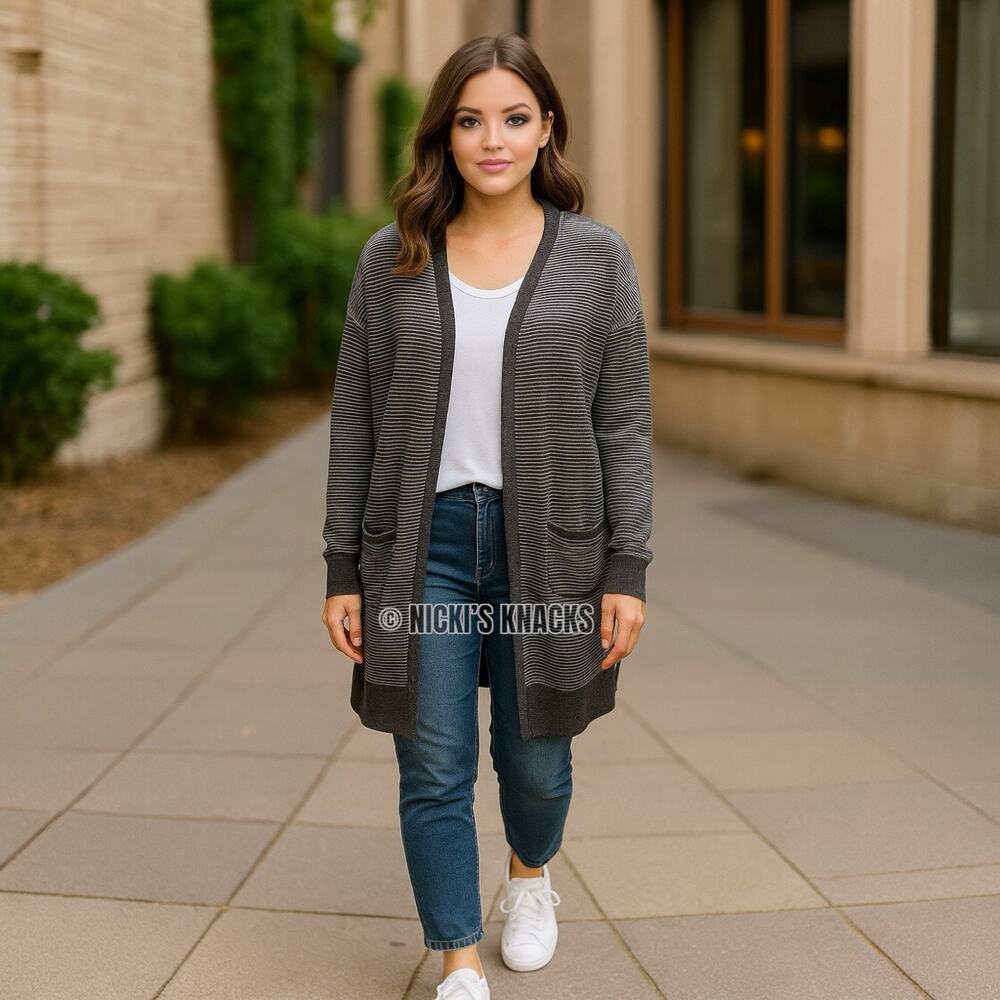 Allison Joy Gray White Striped Ottoman Knit Open Front Longline Cardigan Size M